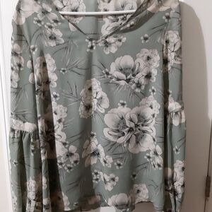 Rose & Olive Floral Print Blouse in Green and White